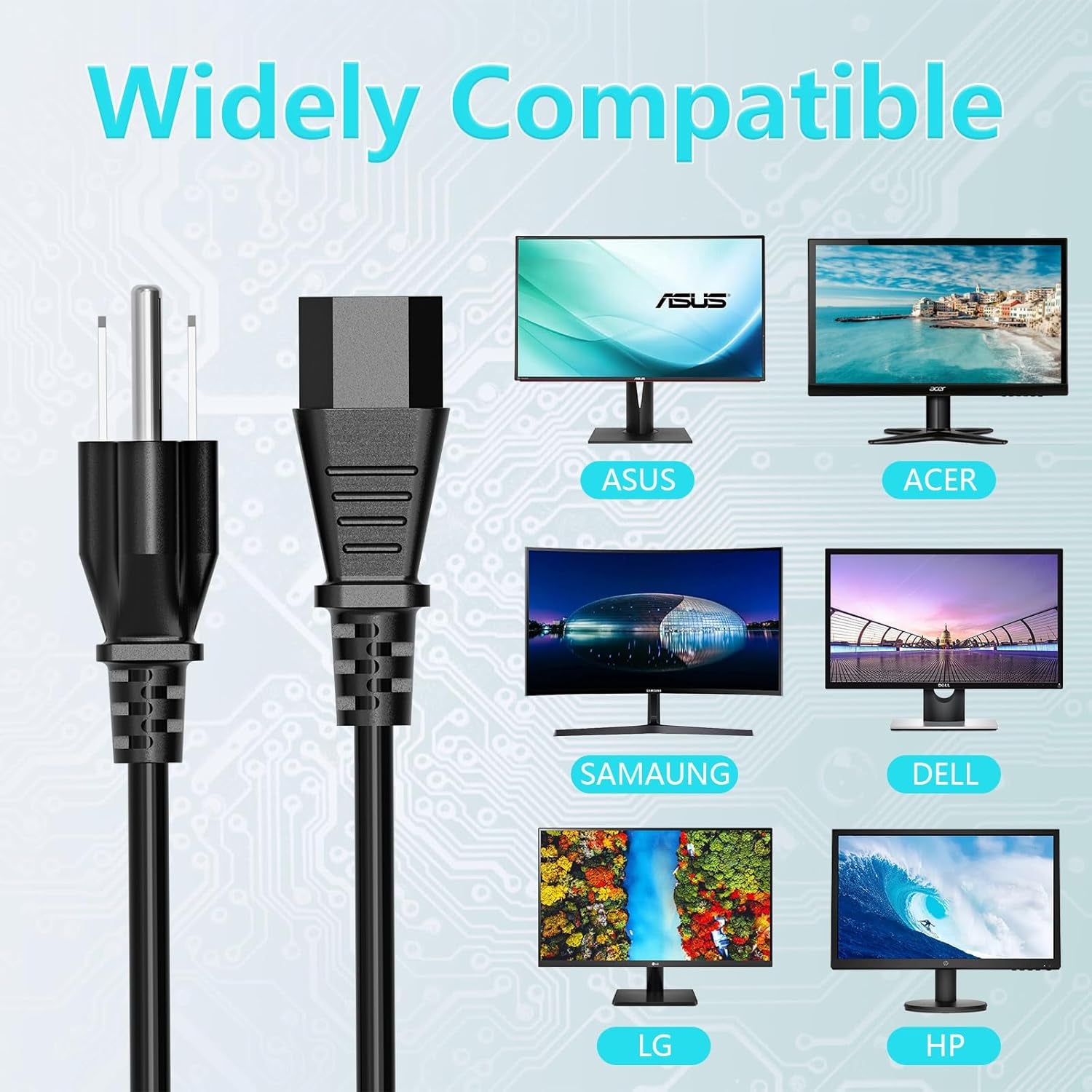 10FT 18 AWG Power Cable NEMA 5-15P to IEC320C13 Compatible with Computer